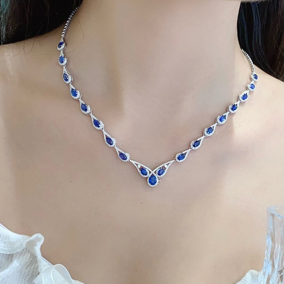 14k Gold 9.24 Ctw Natural Sapphire & Diamond Necklace - 6