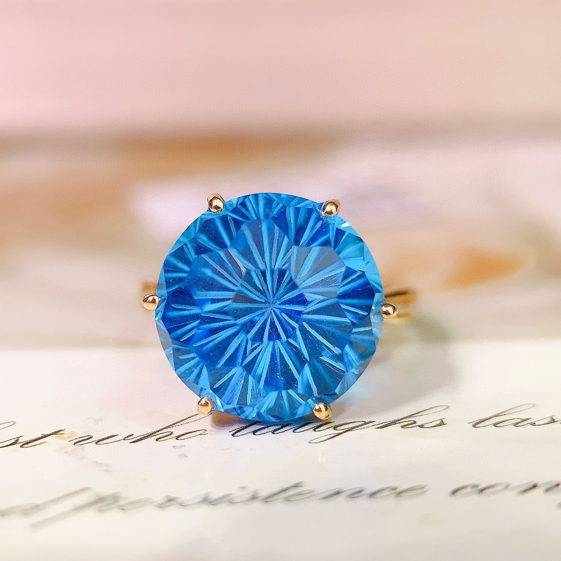 14k Gold 14.13 Ctw Natural Topaz & Diamond Ring: Ref:230938084 // gold content:14k gold // ring size:7. 25us // // main gemstone:topaz // shape:round // carat weight:14. 1ct // color:blue // treatment:natural // cut grade:g // // adjacent gemstone 2