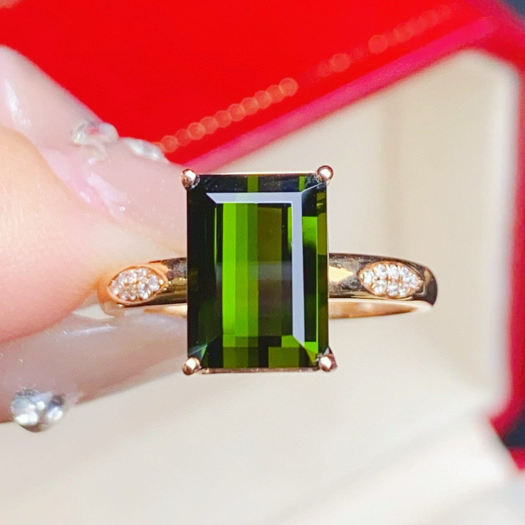 14k Gold 3.35 Ctw Natural Tourmaline & Diamond Ring: Ref:230938089 // gold content:14k gold // ring size:7. 25us // // main gemstone:tourmaline // shape:octagonal // carat weight:3. 3ct // color:green // treatment:natural // // adjacent gemstone 2 :