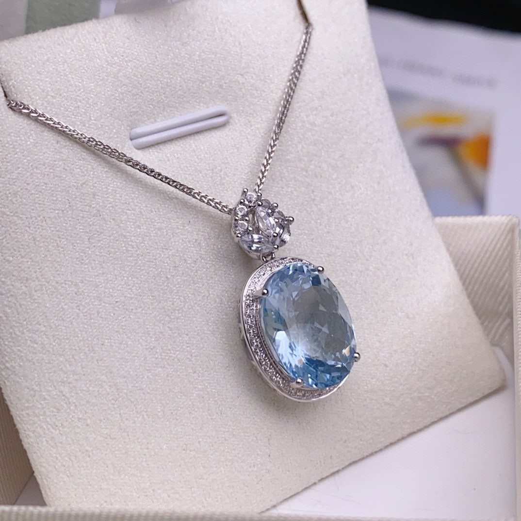 14k Gold 8.1 Ct Natural Aquamarine & Diamond & Sapphire Pendant( Without Chain ) - 2