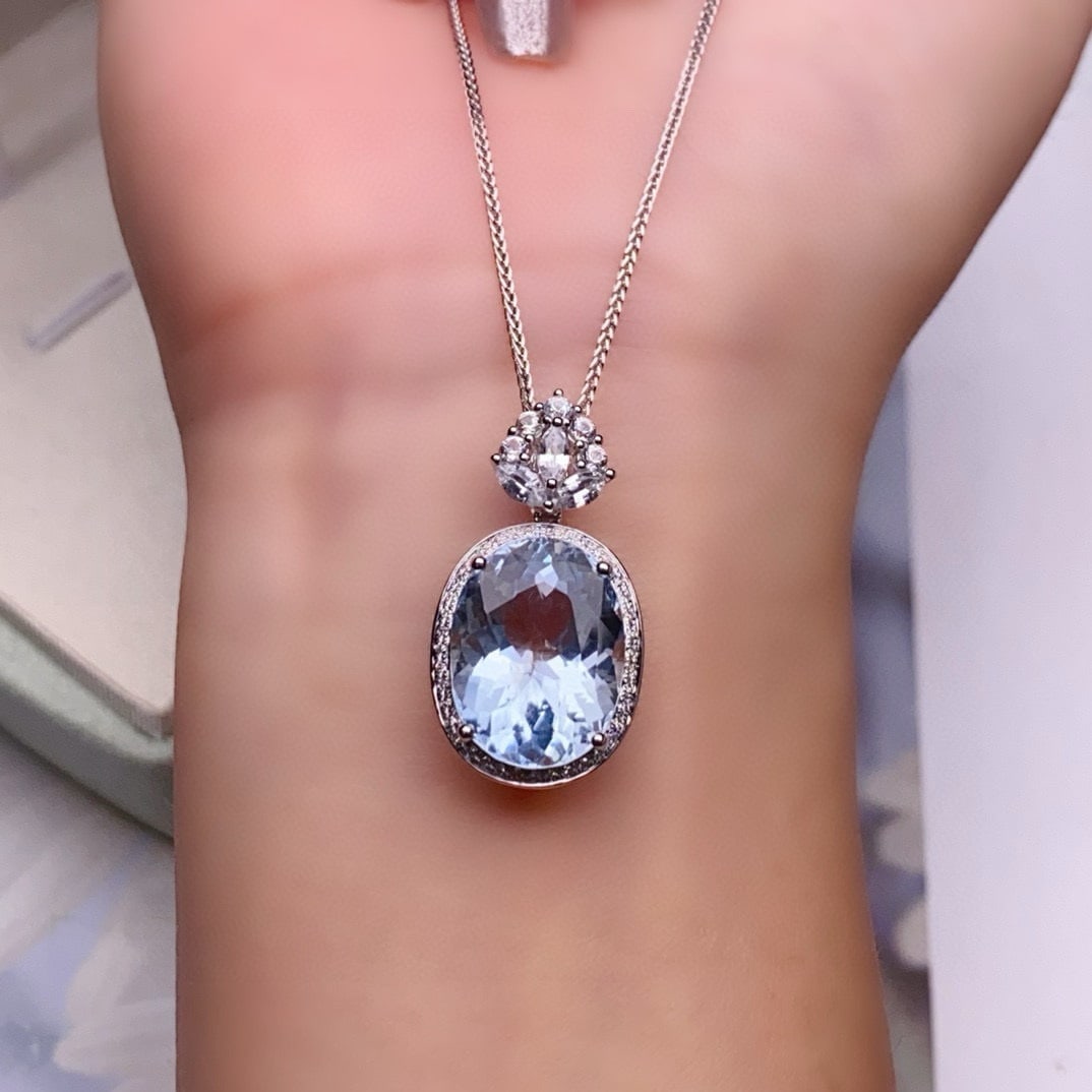 14k Gold 8.1 Ct Natural Aquamarine & Diamond & Sapphire Pendant( Without Chain ) - 6