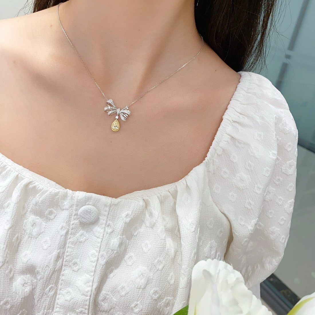 14k Gold 0.95 Ctw Natural Yellow Diamond & Diamond Necklace - 3