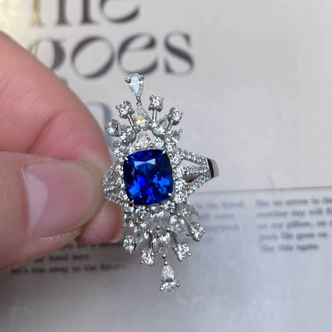 14k Gold 4.18 Ctw Natural Sapphire & Diamond Ring: Ref:230938101 // gold content:14k gold // ring size:7. 25us // // main gemstone:sapphire // shape:cushion // carat weight:2. 51ct // color:royal blue // treatment:natural // // adjacent gemstone 2