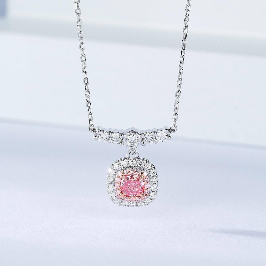 14k Gold 0.64 Ctw Natural Pink Diamond & Diamond Necklace: Ref:230938113 // gold content:14k gold // main gemstone:pink diamond // shape:cushion // carat weight:0. 32ct // color:pink // treatment:natural // // adjacent gemstone 2 : diamond // shape:round