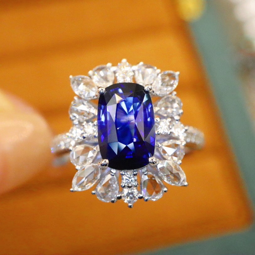 14k Gold 3.26 Ctw Natural Sapphire & Diamond Ring: Ref:230938122 // gold content:14k gold // ring size:7. 25us // // main gemstone:sapphire // shape:cushion // carat weight:2. 50ct // color:royal blue // treatment:natural // // adjacent gemstone 2