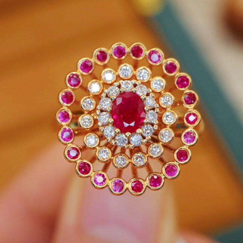 14k Gold 0.80 Ctw Vivid Red Natural Ruby & Ruby Ring: Ref:230938135 // gold content:14k gold // ring size:7. 25us // // main gemstone:ruby // shape:oval // carat weight:0. 46ct // color:vivid red // treatment:natural // // adjacent gemstone 2 : ruby