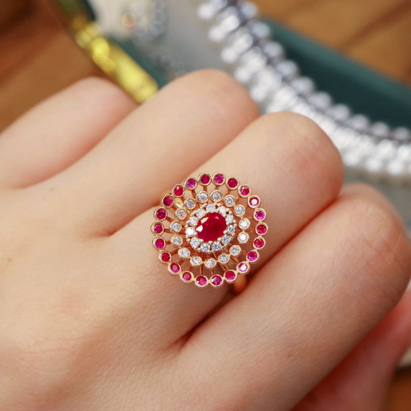 14k Gold 0.80 Ctw Vivid Red Natural Ruby & Ruby Ring - 6