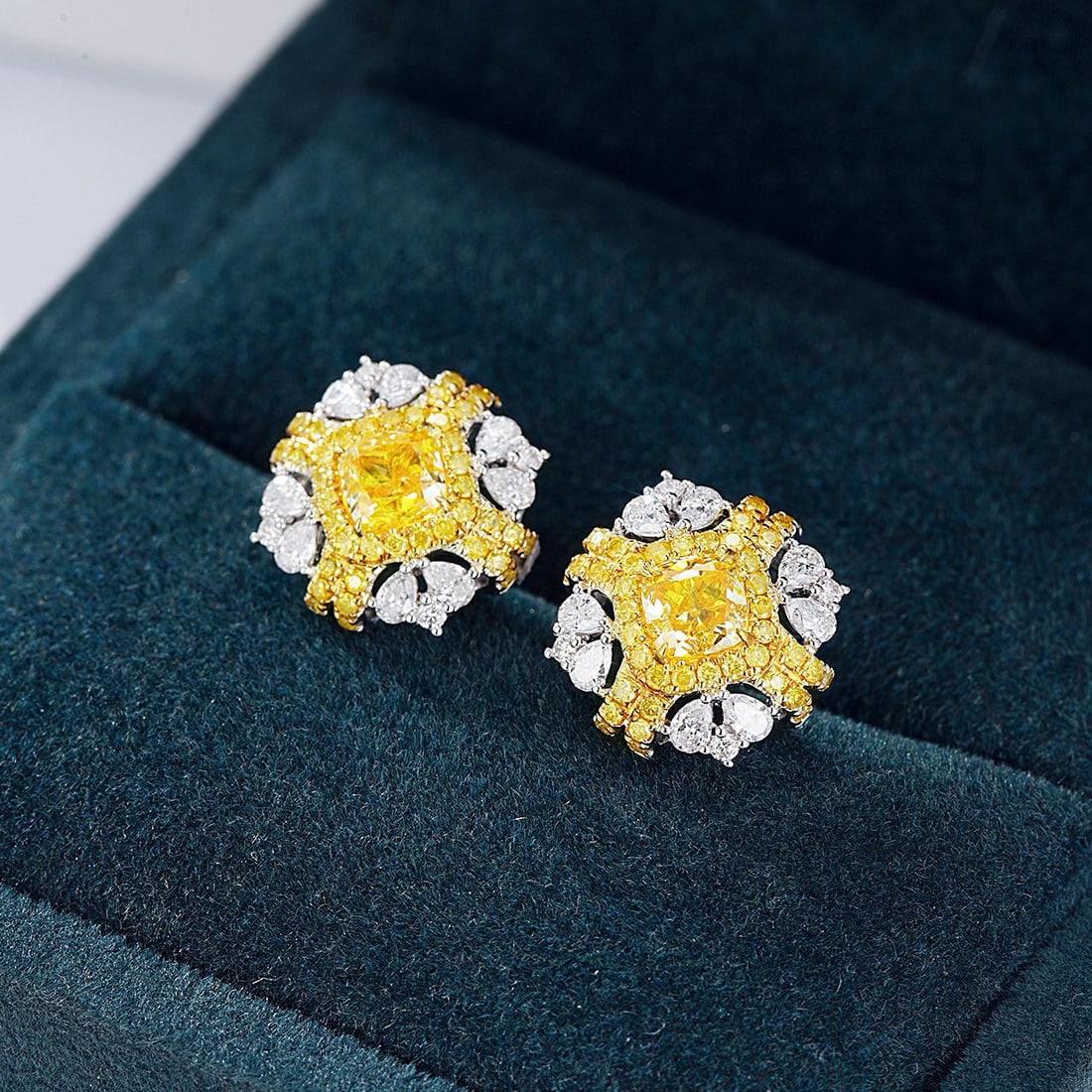14k Gold 1.85 Ctw Natural Yellow Diamond & Diamond Earrings: Ref:230938138 // gold content:14k gold // main gemstone:yellow diamond // shape:cushion // carat weight:1. 02ct // color:yellow // treatment:natural // // adjacent gemstone 2 : diamond //