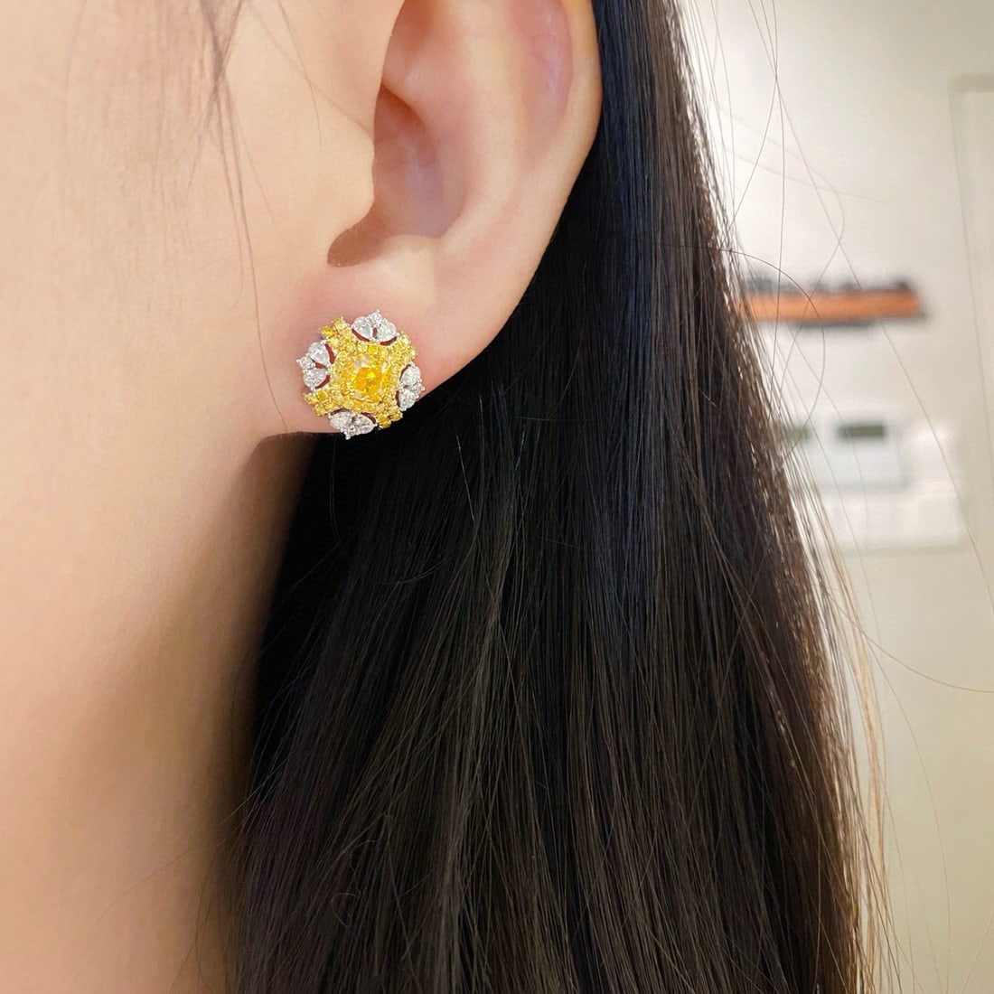 14k Gold 1.85 Ctw Natural Yellow Diamond & Diamond Earrings - 2