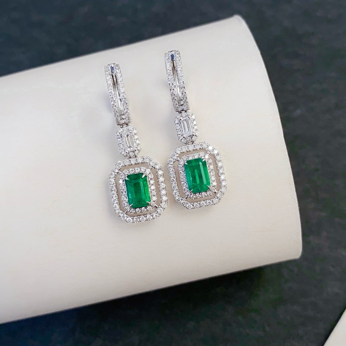 14k Gold 2.17 Ctw Vivid Green Natural Emerald & Diamond Earrings - 2