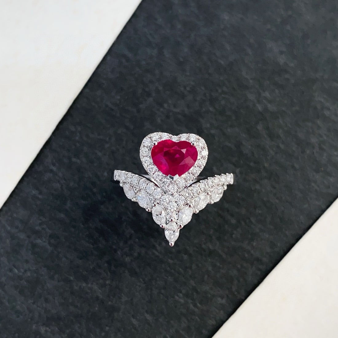 14k Gold 1.95 Ctw Natural Ruby & Diamond Ring: Ref:230938143 // gold content:14k gold // ring size:7. 25us // // main gemstone:ruby // shape:heart // carat weight:1. 33ct // color:pigeonblood red // treatment:natural // // adjacent gemstone 2