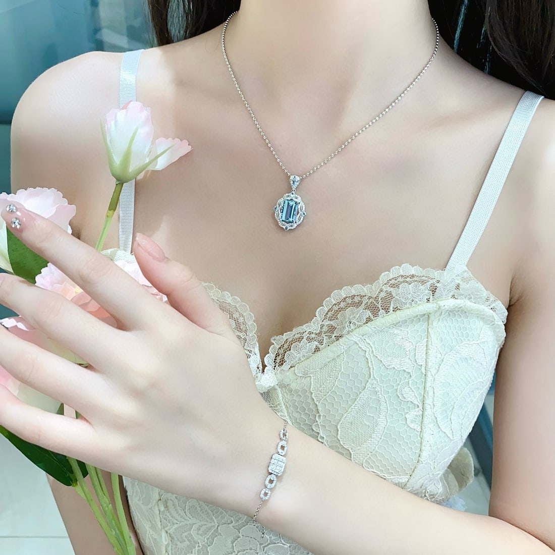 14k Gold 4.21 Ctw Natural Aquamarine & Diamond Pendant( Without Chain ) - 5