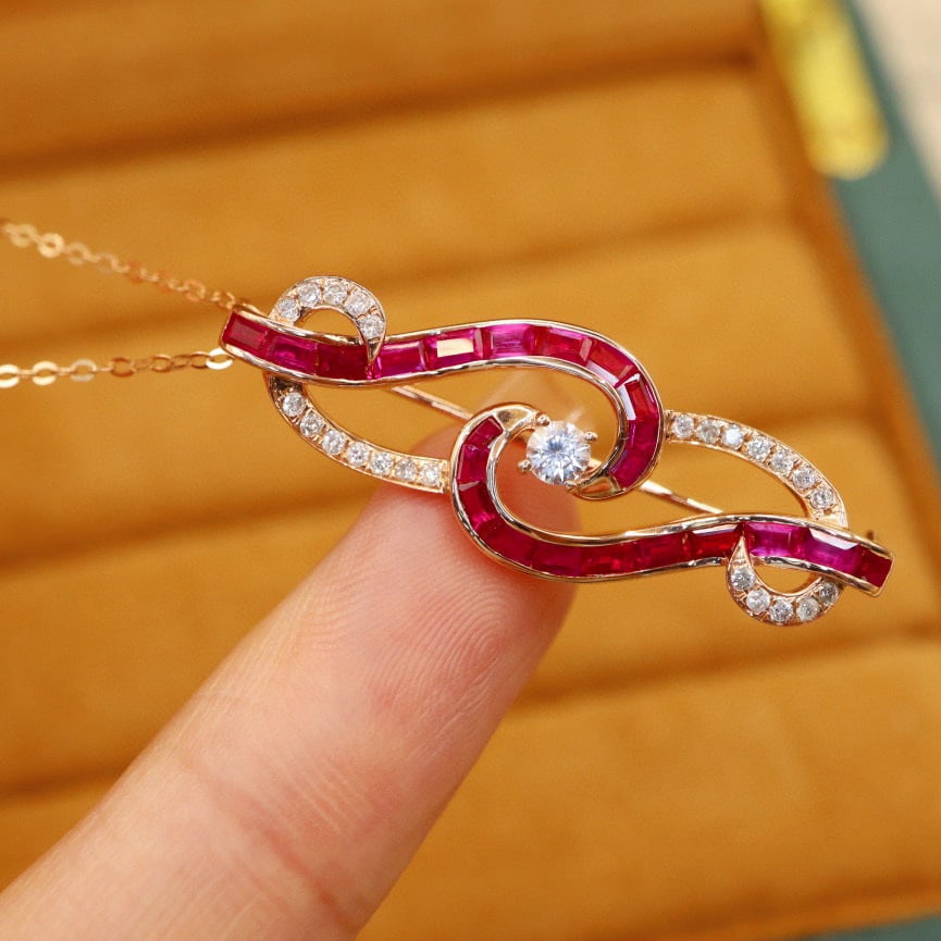 14k Gold 1.96 Ctw Vivid Red Natural Ruby & Diamond Brooch/pendant( Without Chain ) - 2