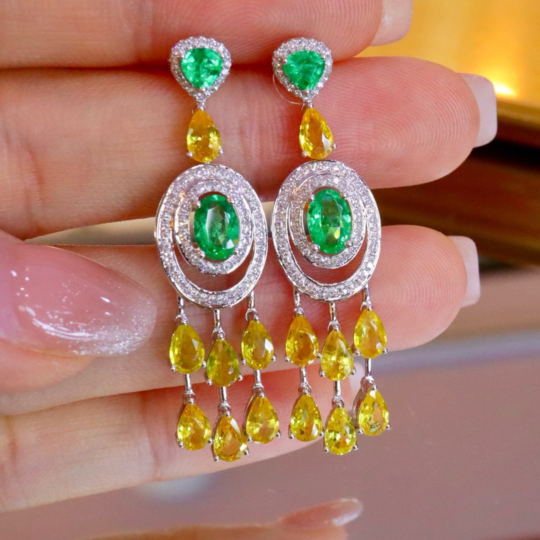 14k Gold 5.79 Ctw Vivid Green Natural Emerald & Diamond Earrings - 2