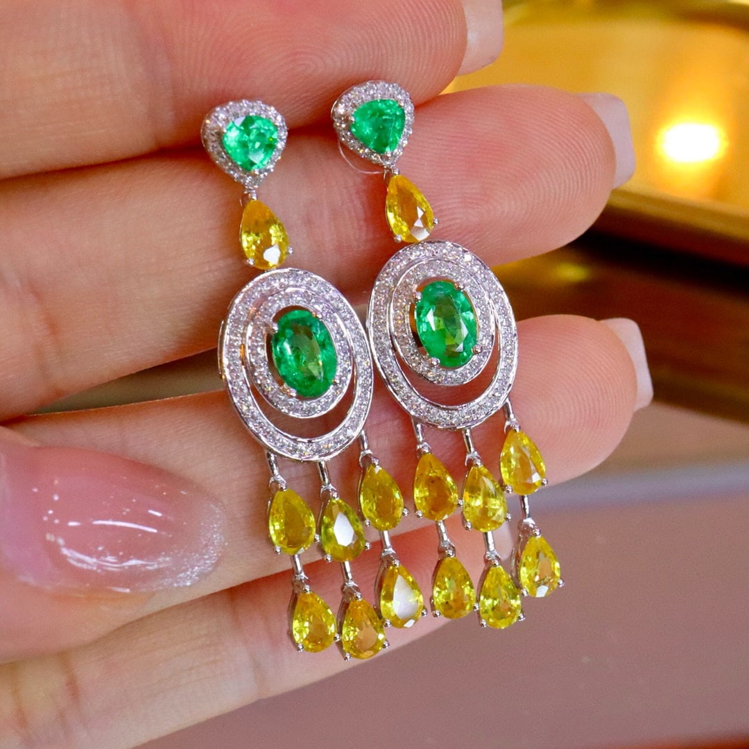 14k Gold 5.79 Ctw Vivid Green Natural Emerald & Diamond Earrings - 5