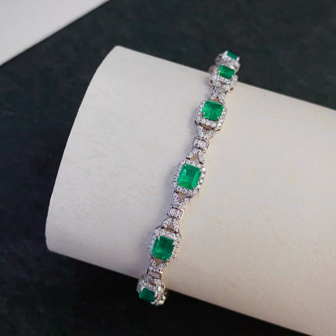 14k Gold 4.53 Ctw Vivid Green Natural Emerald & Diamond Bracelet - 4