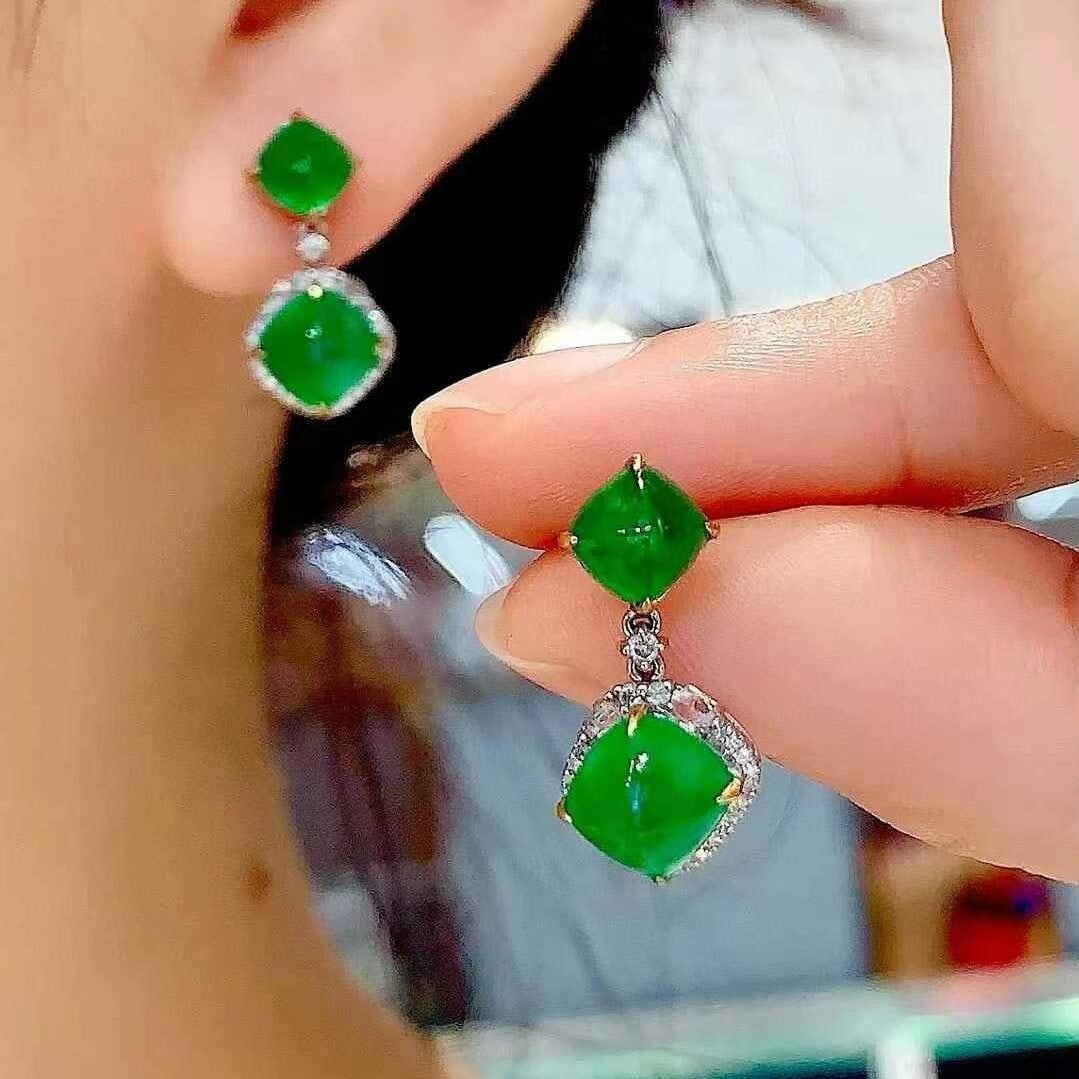 14k Gold 5 Ct Vivid Green Natural Emerald & Diamond Earrings - 2