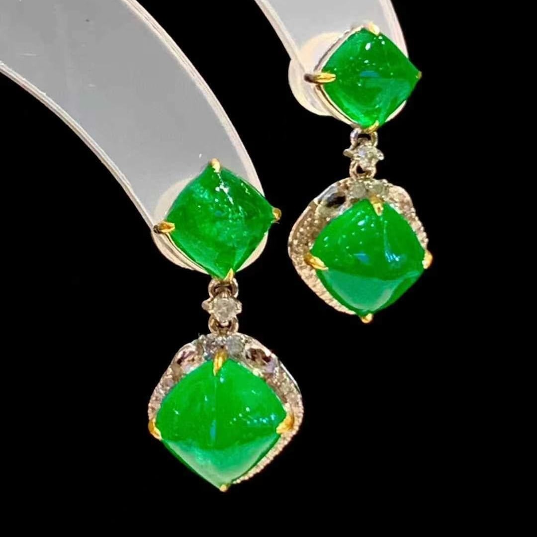 14k Gold 5 Ct Vivid Green Natural Emerald & Diamond Earrings - 4