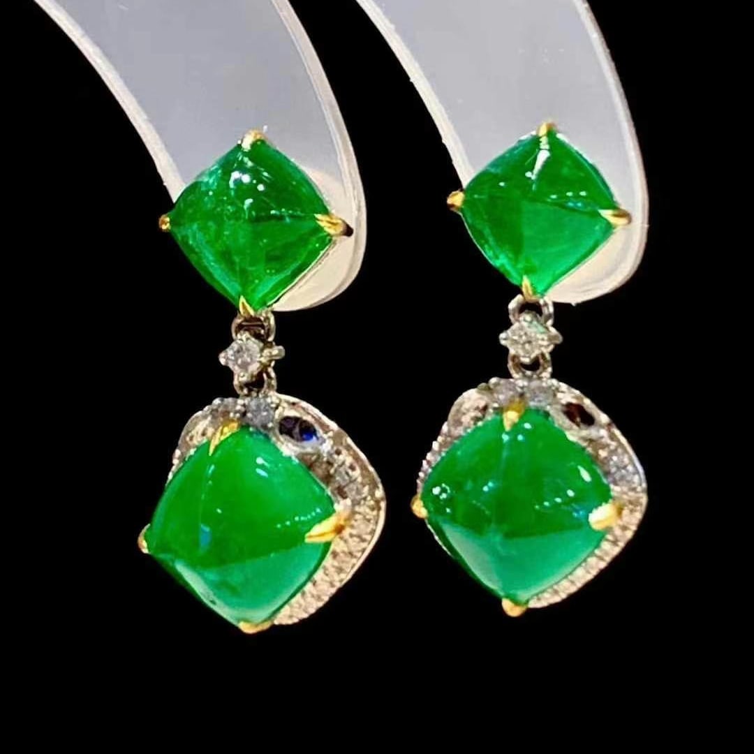 14k Gold 5 Ct Vivid Green Natural Emerald & Diamond Earrings - 6