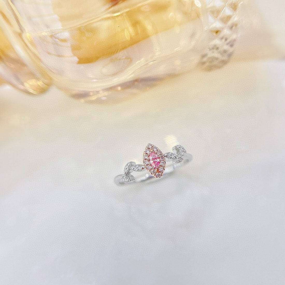 14k Gold 0.16 Ctw Natural Pink Diamond & Diamond Ring: Ref:230938167 // gold content:14k gold // ring size:7. 25us // // main gemstone:pink diamond // shape:marquise // carat weight:0. 07ct // color:pink // treatment:natural // // adjacent gemstone 2