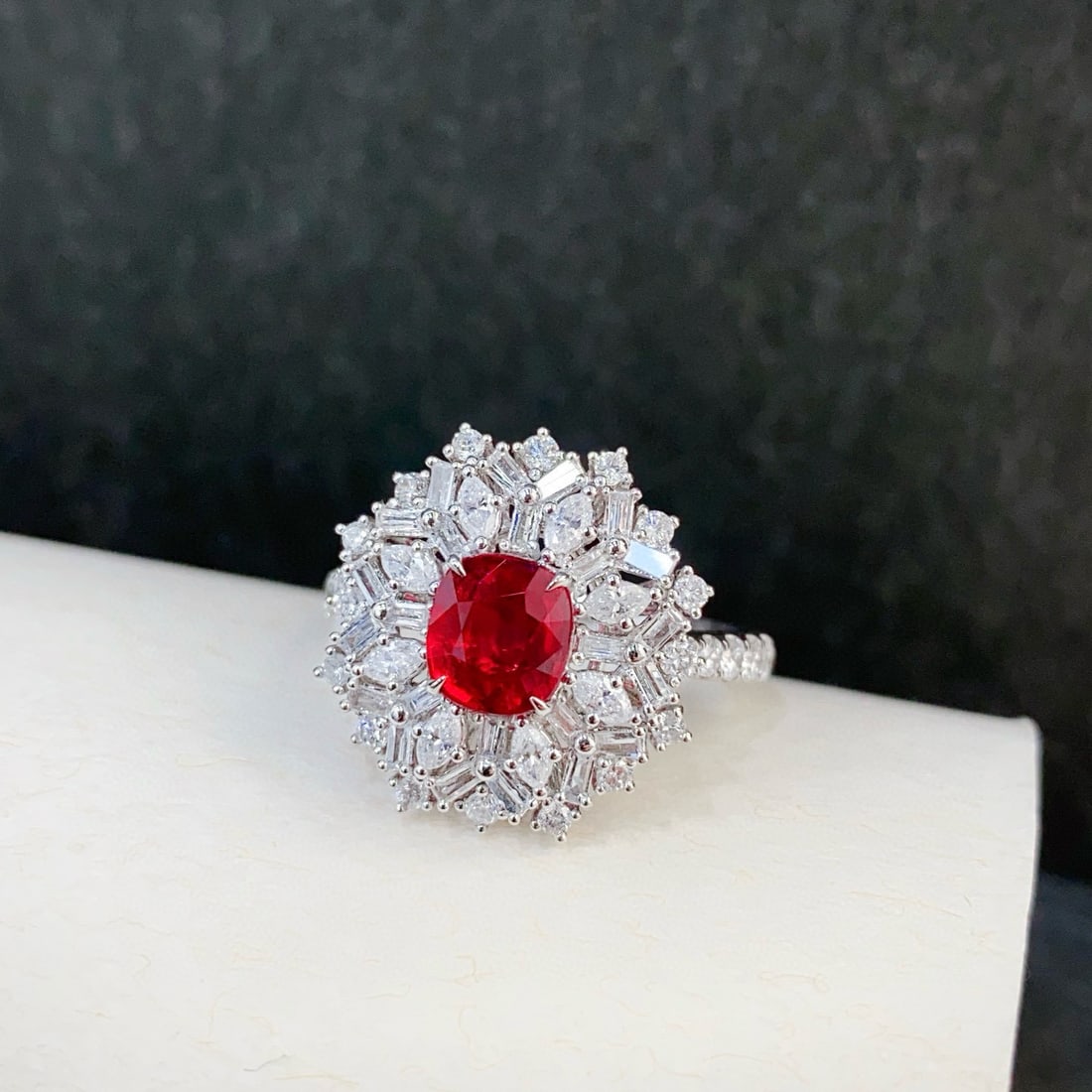 14k Gold 2.13 Ctw Natural Ruby & Diamond Ring: Ref:230938174 // gold content:14k gold // ring size:7. 25us // // main gemstone:ruby // shape:cushion // carat weight:1. 13ct // color:pigeonblood red // treatment:natural // // adjacent gemstone 2 :