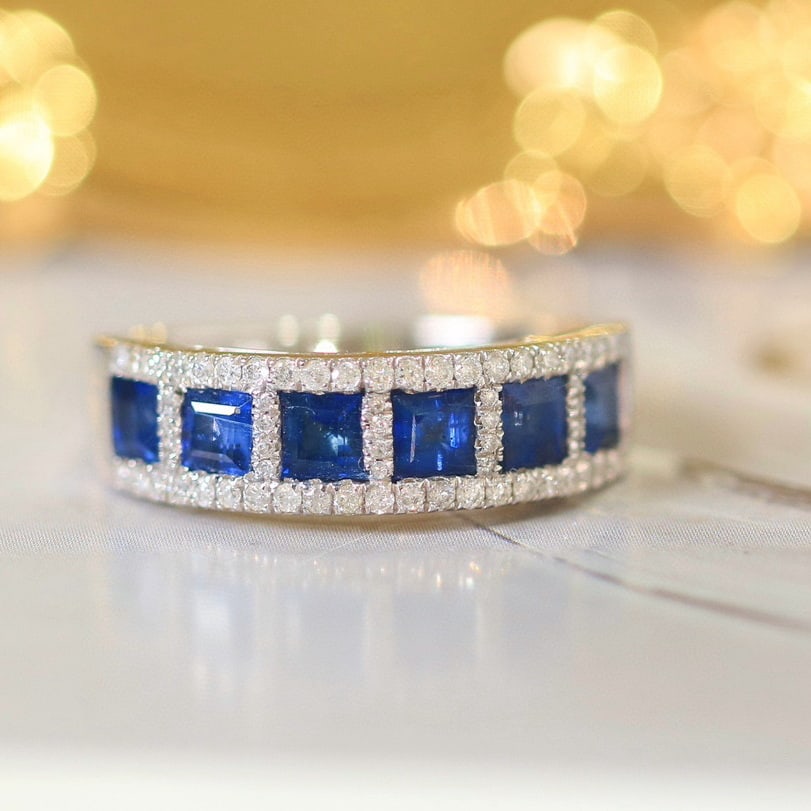 14k Gold 1.80 Ctw Natural Sapphire & Diamond Ring: Ref:230938175 // gold content:14k gold // ring size:7. 25us // // main gemstone:sapphire // shape:square // carat weight:1. 55ct // color:royal blue // treatment:natural // // adjacent gemstone 2