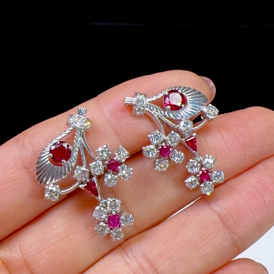 14k Gold 2 Ct Natural Ruby & Diamond Earrings - 2