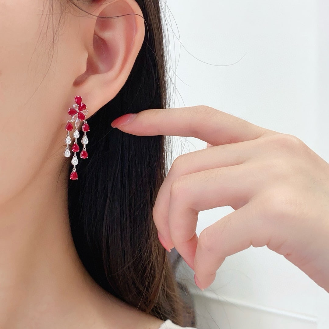 14k Gold 3.93 Ctw Natural Ruby & Diamond Earrings - 5