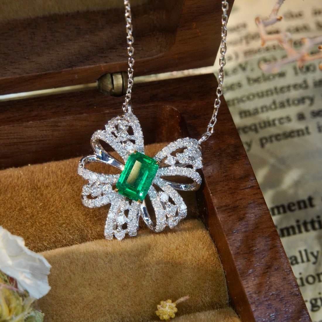 14k Gold 1.03 Ctw Vivid Green Natural Emerald & Diamond Necklace: Ref:230938192 // gold content:14k gold // main gemstone:emerald // shape:octagonal // carat weight:0. 6ct // color:vivid green // treatment:natural // // adjacent gemstone 2 : diamond //