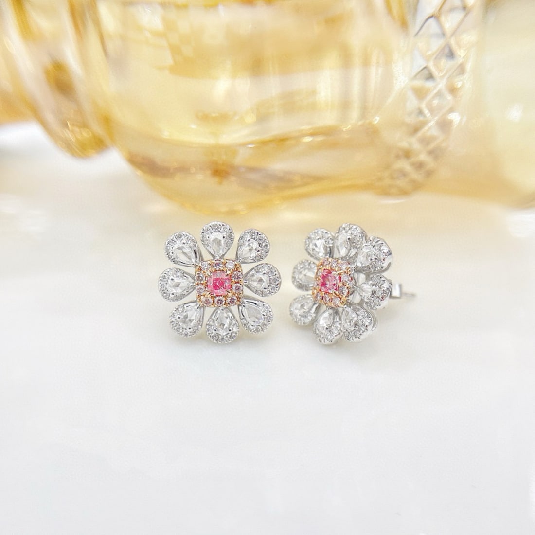 14k Gold 1.34 Ctw Natural Pink Diamond & Diamond & Flowers Earrings: Ref:230938199 // gold content:14k gold // main gemstone:pink diamond // shape:cushion // carat weight:0. 24ct // color:pink // treatment:natural // // adjacent gemstone 2 : diamond //