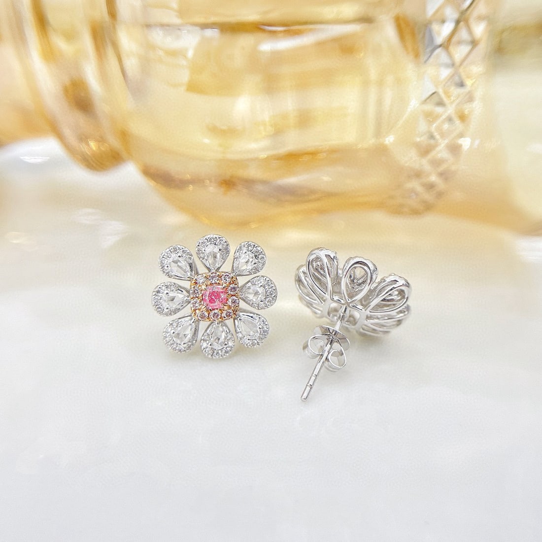 14k Gold 1.34 Ctw Natural Pink Diamond & Diamond & Flowers Earrings - 2