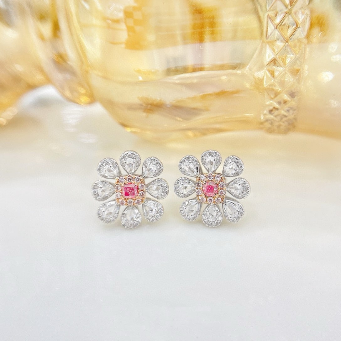 14k Gold 1.34 Ctw Natural Pink Diamond & Diamond & Flowers Earrings - 3