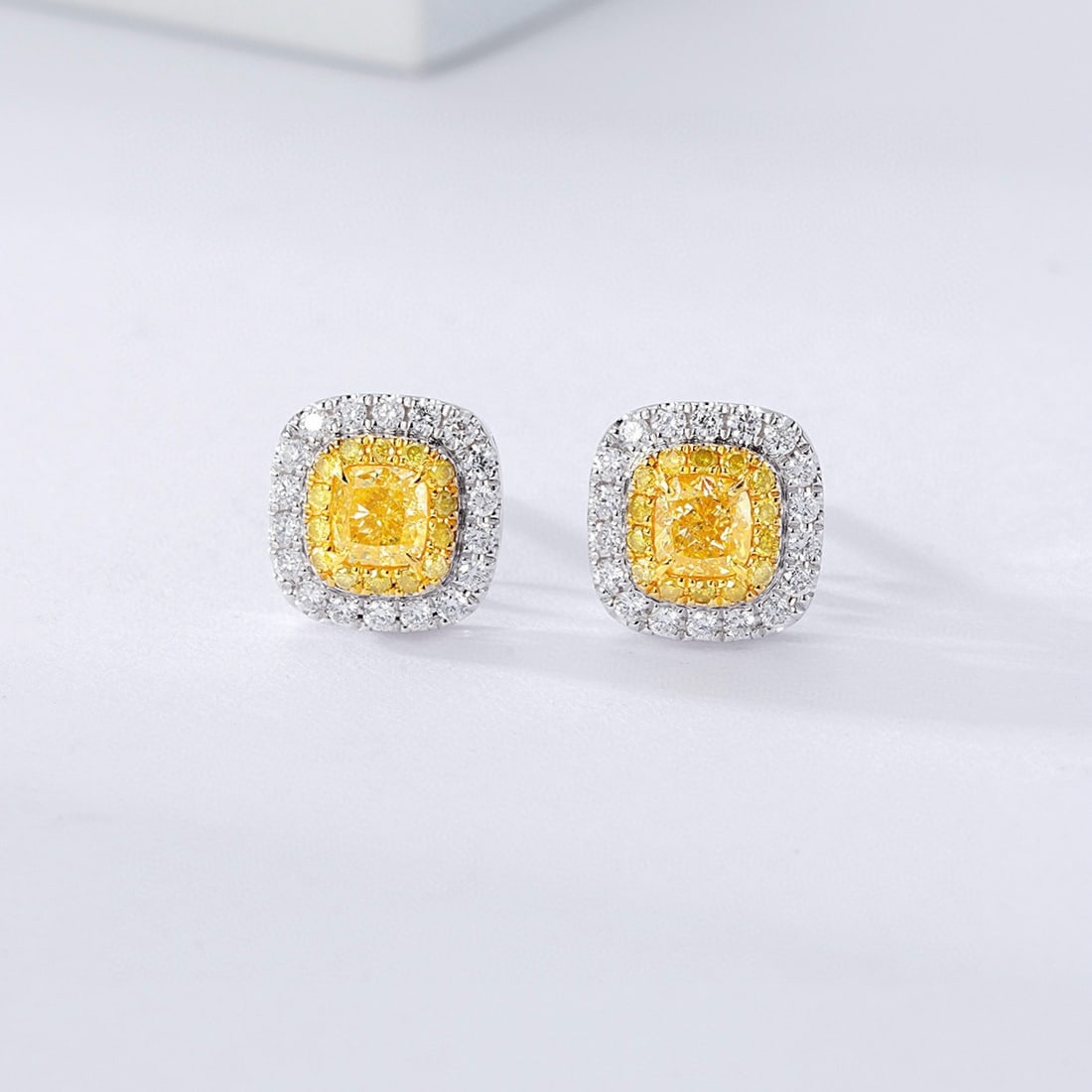 14k Gold 0.81 Ctw Natural Yellow Diamond & Diamond Earrings: Ref:230938208 // gold content:14k gold // main gemstone:yellow diamond // shape:cushion // carat weight:0. 5ct // color:yellow // treatment:natural // // adjacent gemstone 2 : diamond //