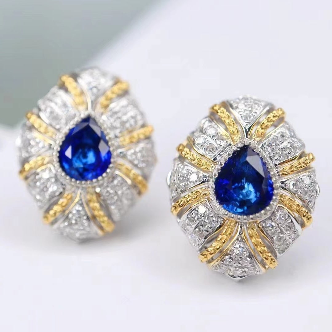 14k Gold 2.08 Ctw Natural Sapphire & Diamond Earrings: Ref:230938210 // gold content:14k gold // main gemstone:sapphire // shape:pear // carat weight:1. 6ct // color:royal blue // treatment:natural // // adjacent gemstone 2 : diamond // shape:round // car