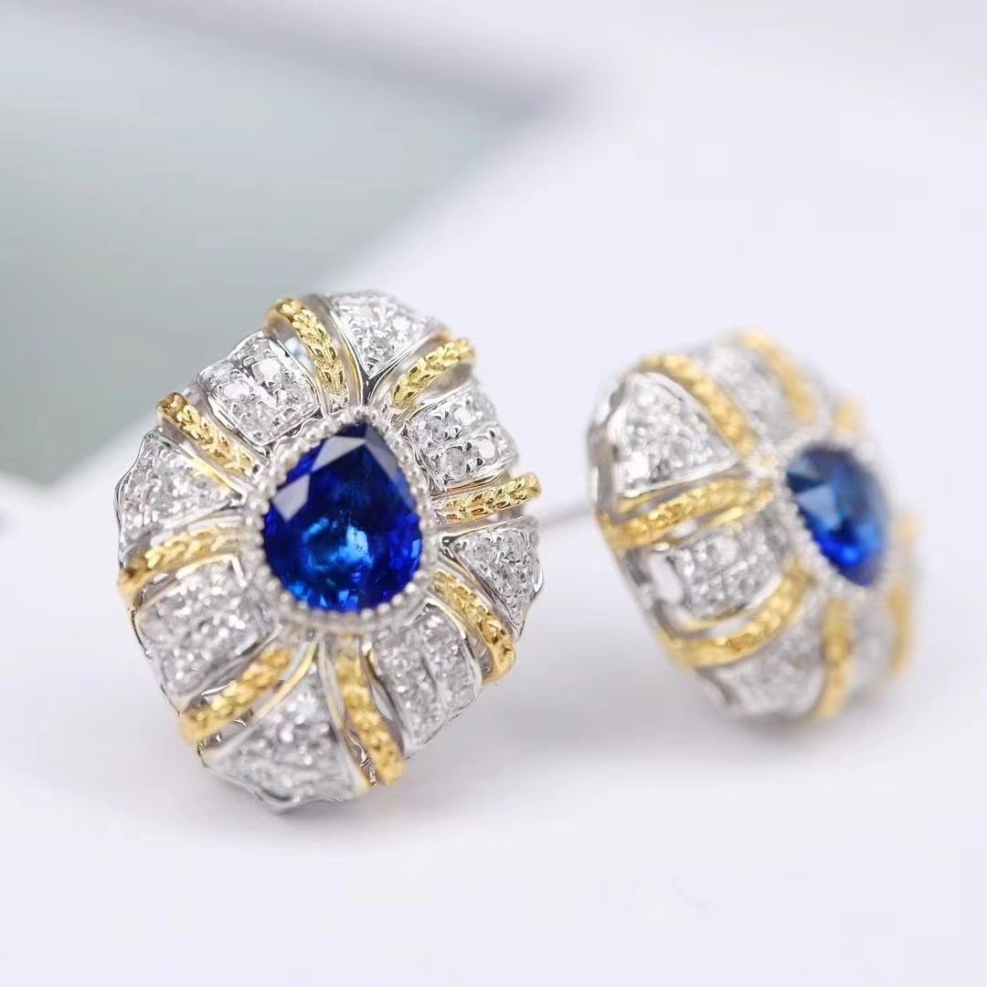14k Gold 2.08 Ctw Natural Sapphire & Diamond Earrings - 2