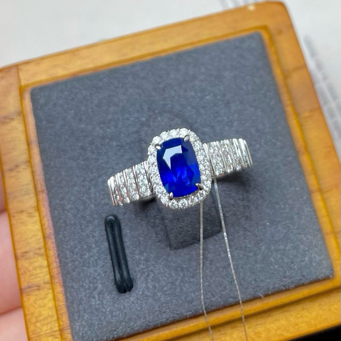 14k Gold 1.99 Ctw Natural Sapphire & Diamond Ring: Ref:230938213 // gold content:14k gold // ring size:7. 25us // // main gemstone:sapphire // shape:cushion // carat weight:1. 56ct // color:royal blue // treatment:natural // // adjacent gemstone 2