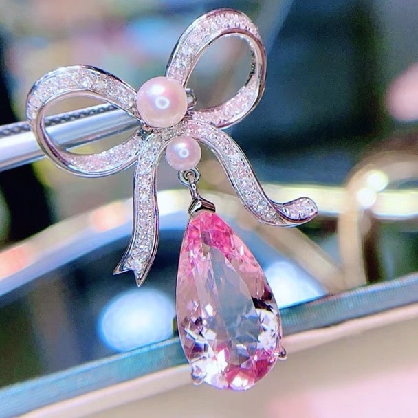 14k Gold 3.8 Ct Natural Morganite & Diamond Pendant( Without Chain ) - 2