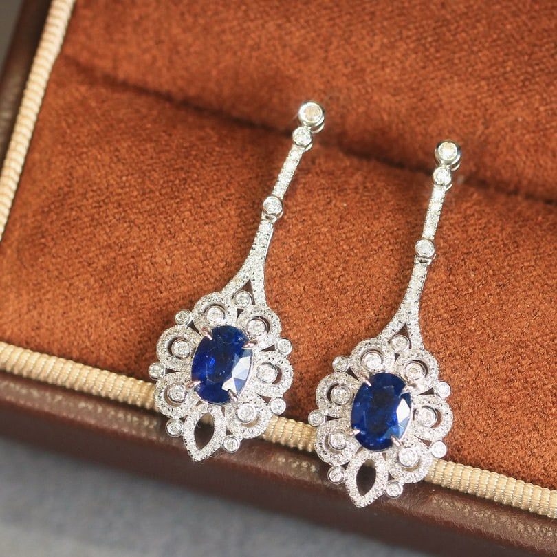 14k Gold 2.76 Ctw Natural Sapphire & Diamond Earrings - 2
