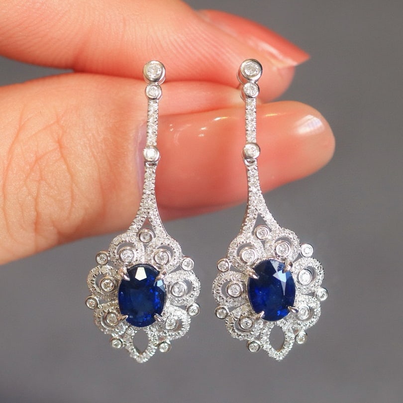 14k Gold 2.76 Ctw Natural Sapphire & Diamond Earrings - 3