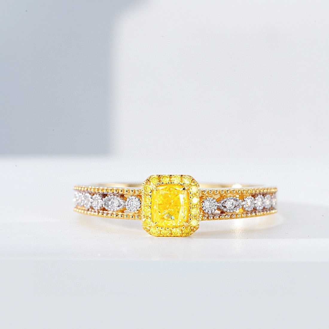 14k Gold 0.46 Ctw Natural Yellow Diamond & Diamond Ring: Ref:230938223 // gold content:14k gold // ring size:7. 25us // // main gemstone:yellow diamond // shape:cushion // carat weight:0. 35ct // color:yellow // treatment:natural // // adjacent gemstone