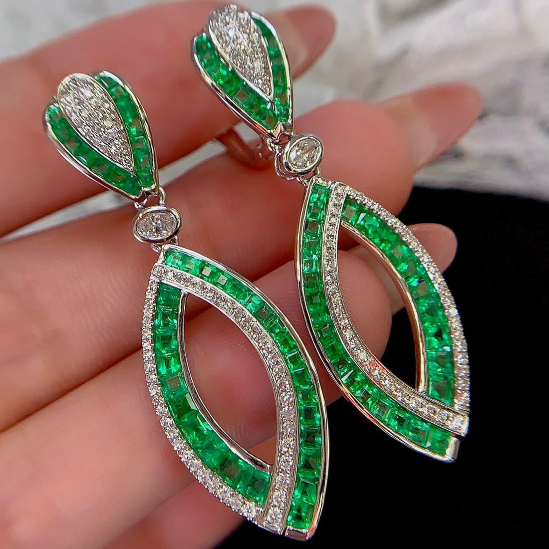 14k Gold 4.27 Ctw Vivid Green Natural Emerald & Diamond Earrings - 2