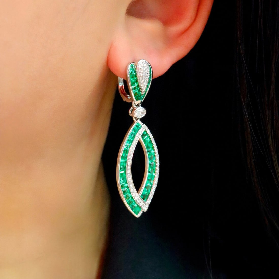 14k Gold 4.27 Ctw Vivid Green Natural Emerald & Diamond Earrings - 3