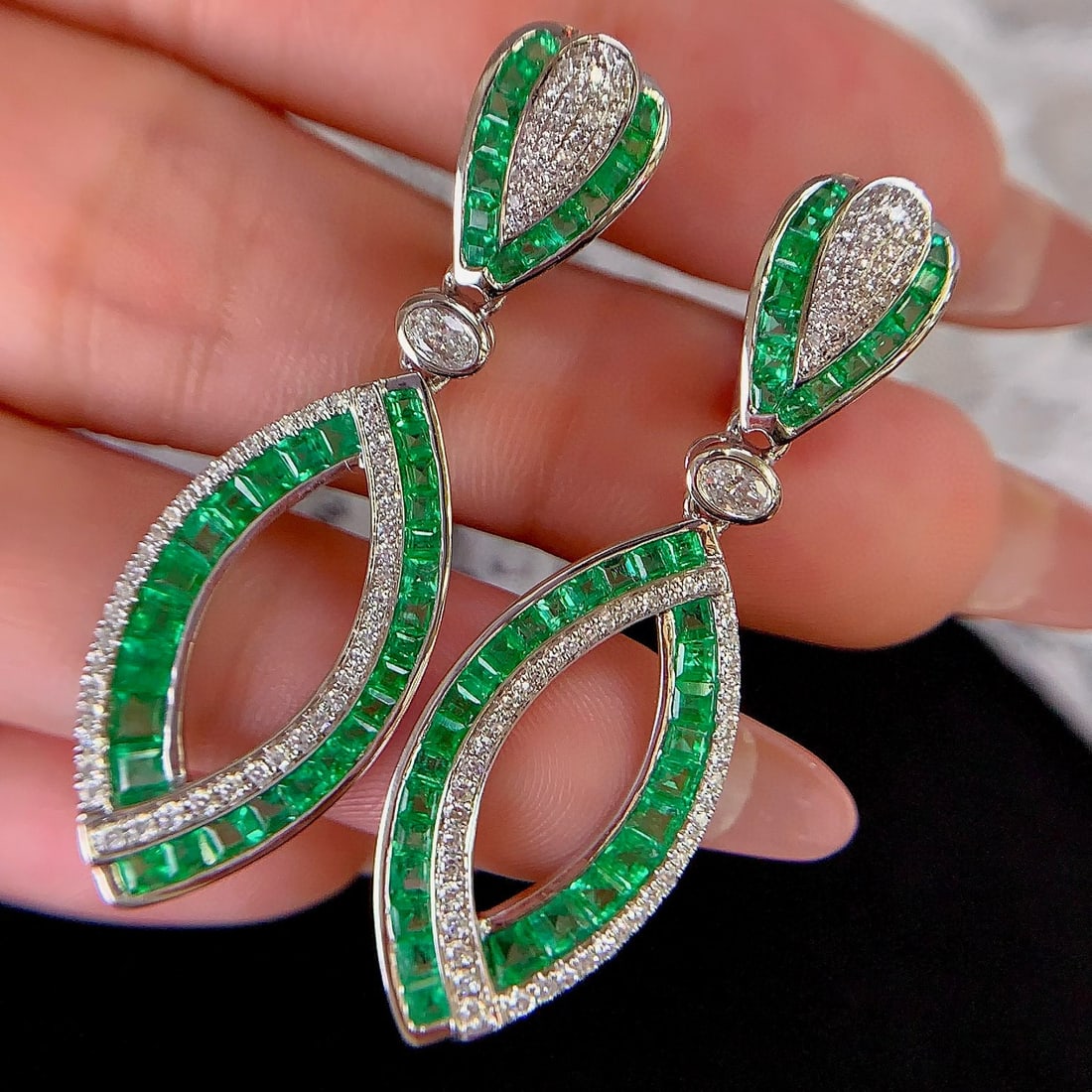 14k Gold 4.27 Ctw Vivid Green Natural Emerald & Diamond Earrings - 5