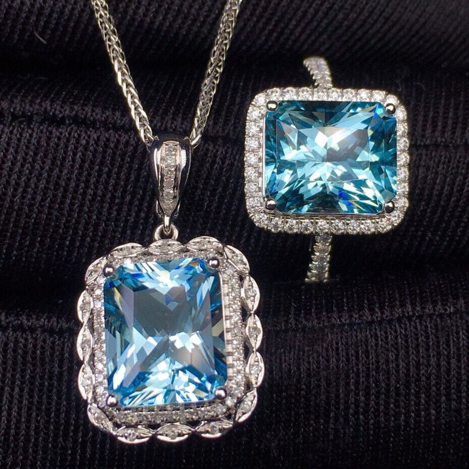 14k Gold 7.25 Ct Natural Aquamarine & Diamond Jewelry Set: Ref:230938228 // gold content:14k gold // ring size:7. 25us // // pendant(without chain) // main gemstone:aquamarine // shape:octagonal // carat weight:3. 35ct // color:santa maria color //