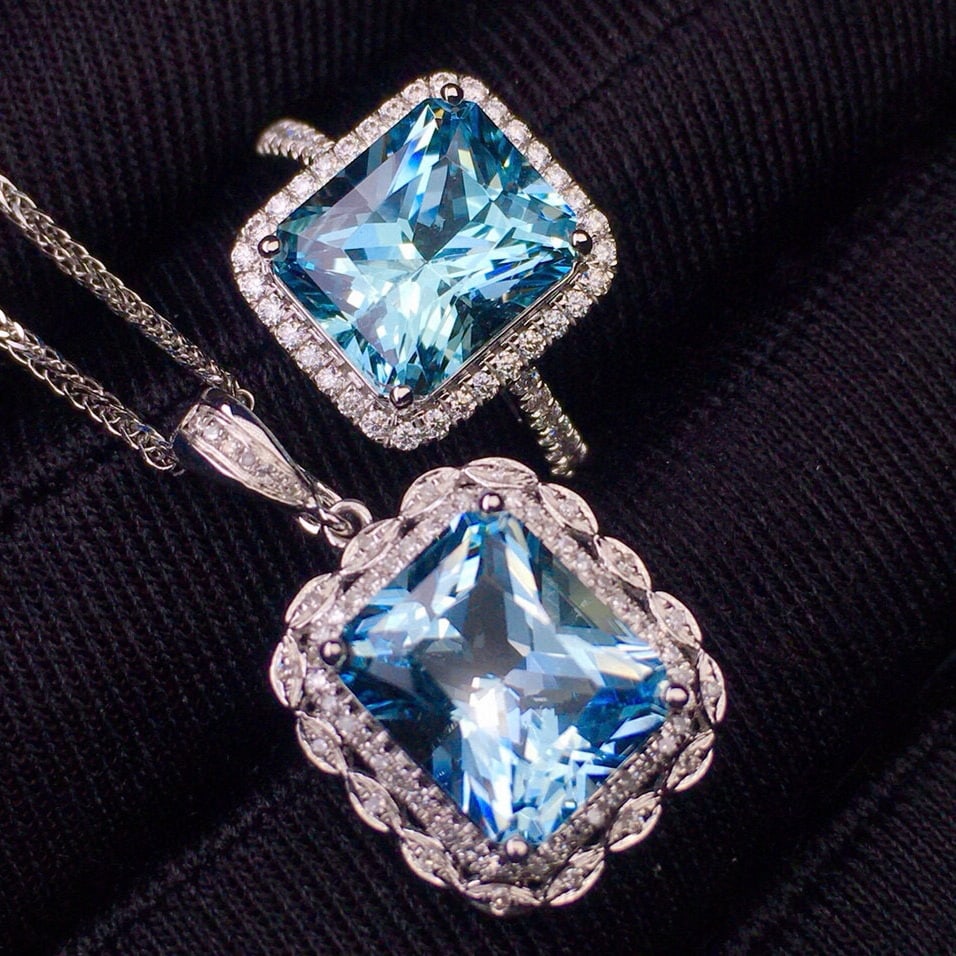 14k Gold 7.25 Ct Natural Aquamarine & Diamond Jewelry Set - 5