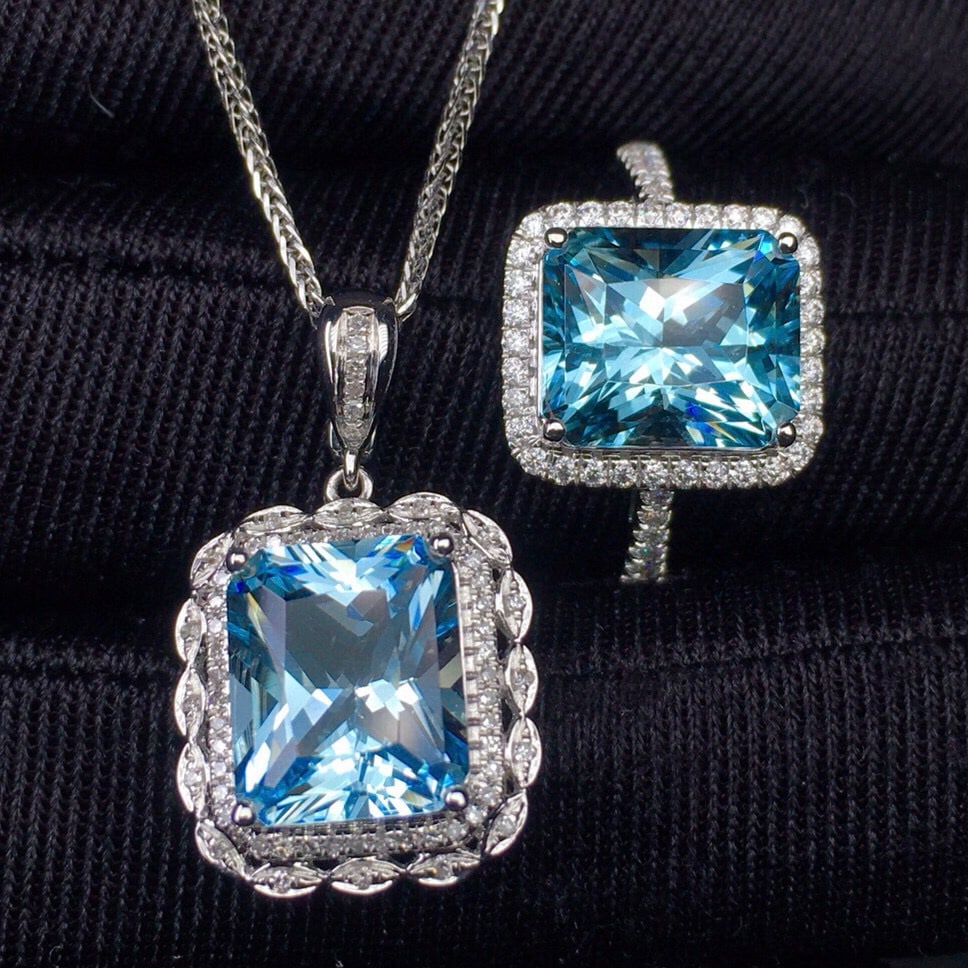 14k Gold 7.25 Ct Natural Aquamarine & Diamond Jewelry Set - 6