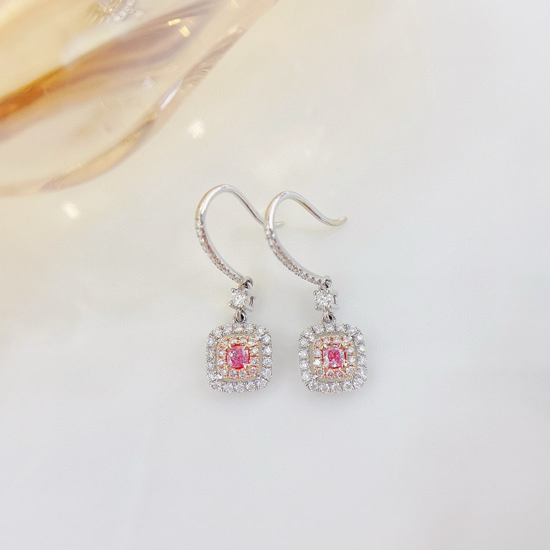 14k Gold 0.51 Ctw Natural Pink Diamond & Diamond Earrings: Ref:230938242 // gold content:14k gold // main gemstone:pink diamond // shape:cushion // carat weight:0. 14ct // color:pink // treatment:natural // // adjacent gemstone 2 : diamond // shape:round // c