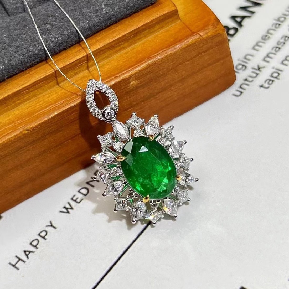 14k Gold 3.35 Ctw Vivid Green Natural Emerald & Diamond Pendant( Without Chain ) - 3