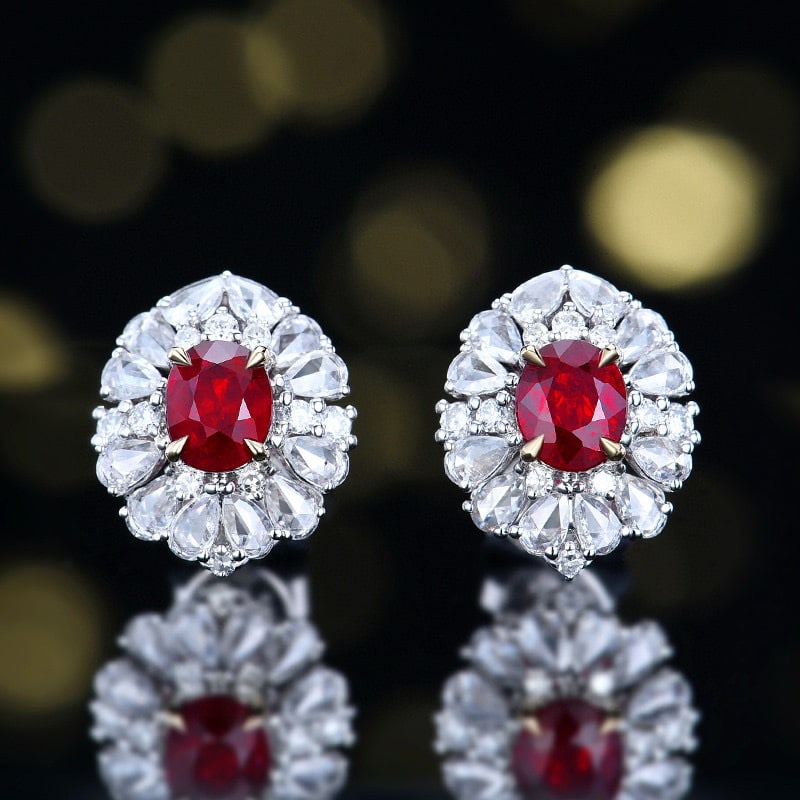 14k Gold 1.89 Ctw Natural Ruby & Diamond Earrings: Ref:230938256 // gold content:14k gold // main gemstone:ruby // shape:oval // carat weight:1. 19ct // color:pigeonblood red // treatment:natural // // adjacent gemstone 2 : diamond // number of stones