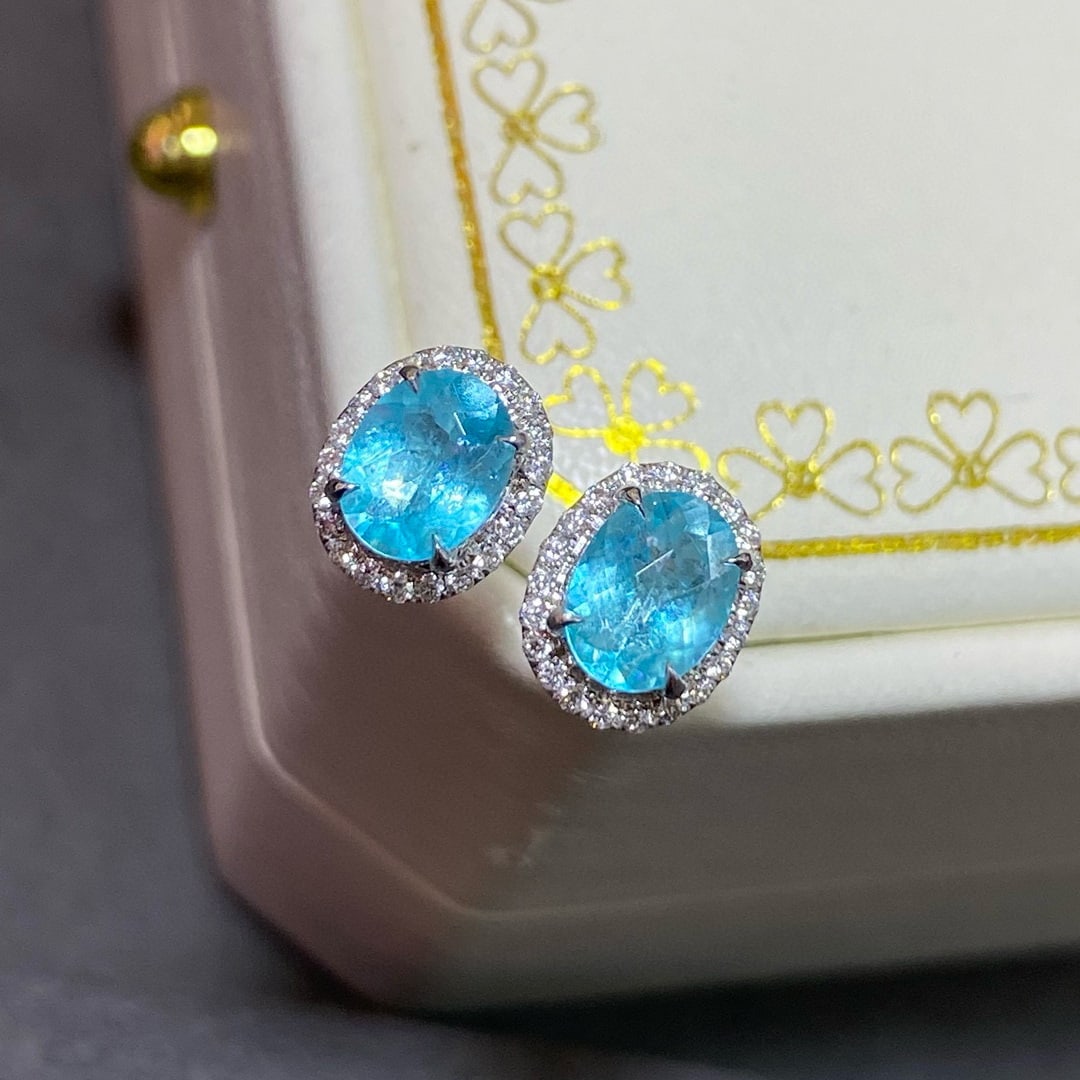 14k Gold 1.30 Ctw Natural Paraiba Tourmaline & Diamond Earrings - 2